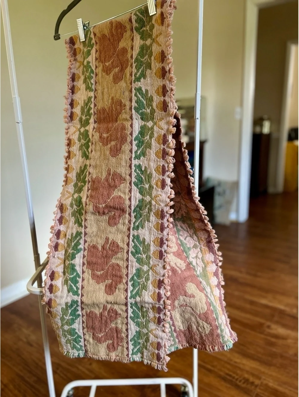 Vintage Handwoven Textile Table Runner with Leaf and Floral Pattern